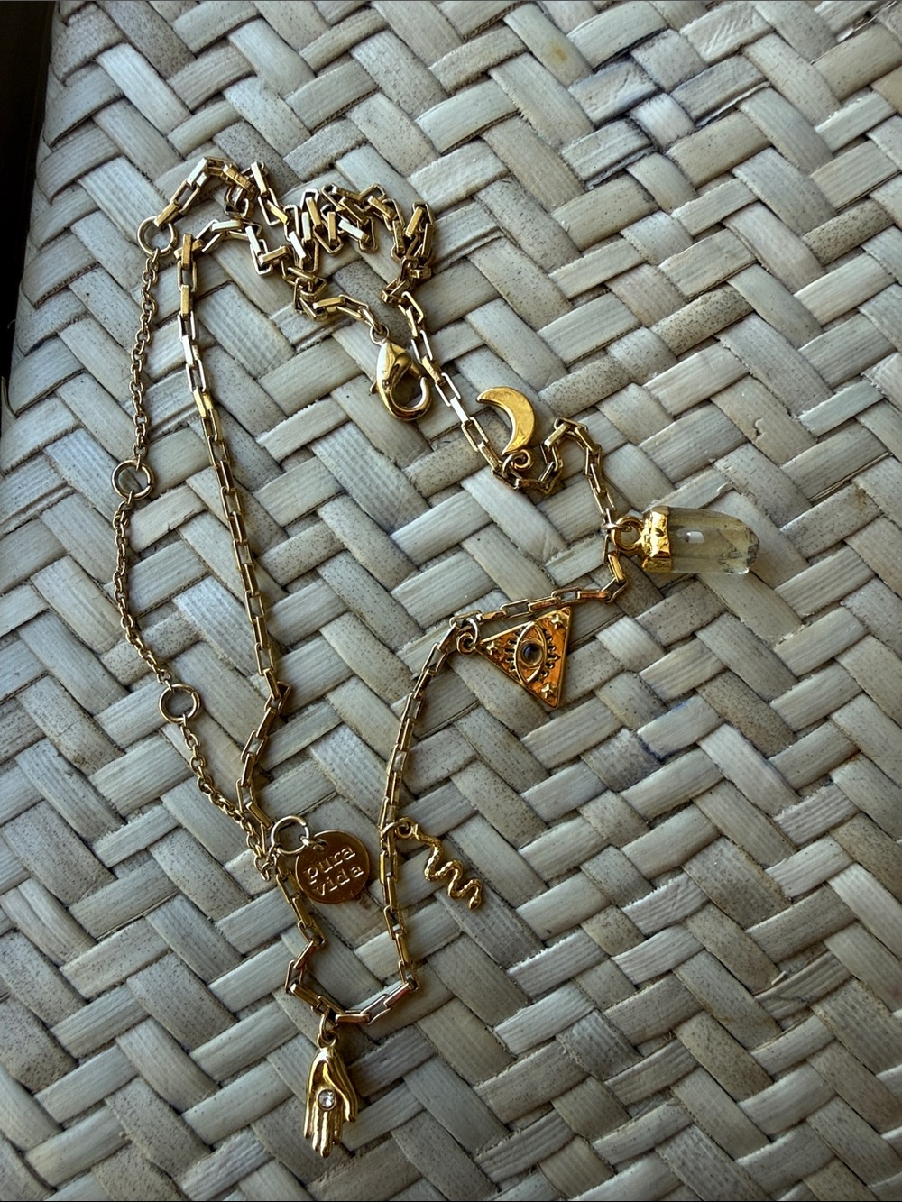 Gold Charm Layered Necklace with Crystal and Hamsa Charm